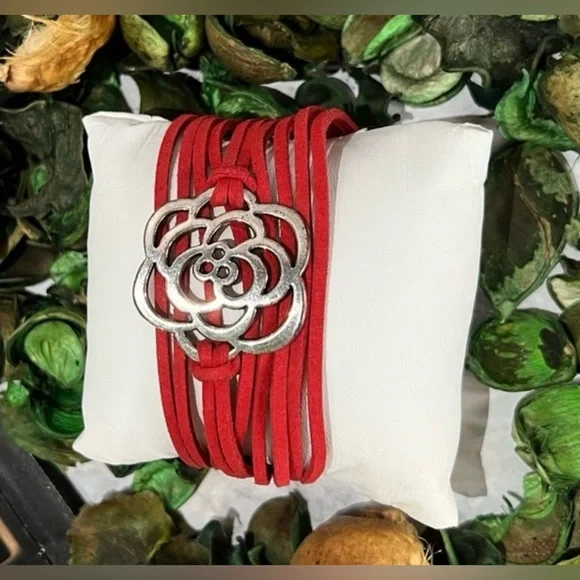 Red Leather Bracelet with Silver Floral Accent - Picture 5 of 5